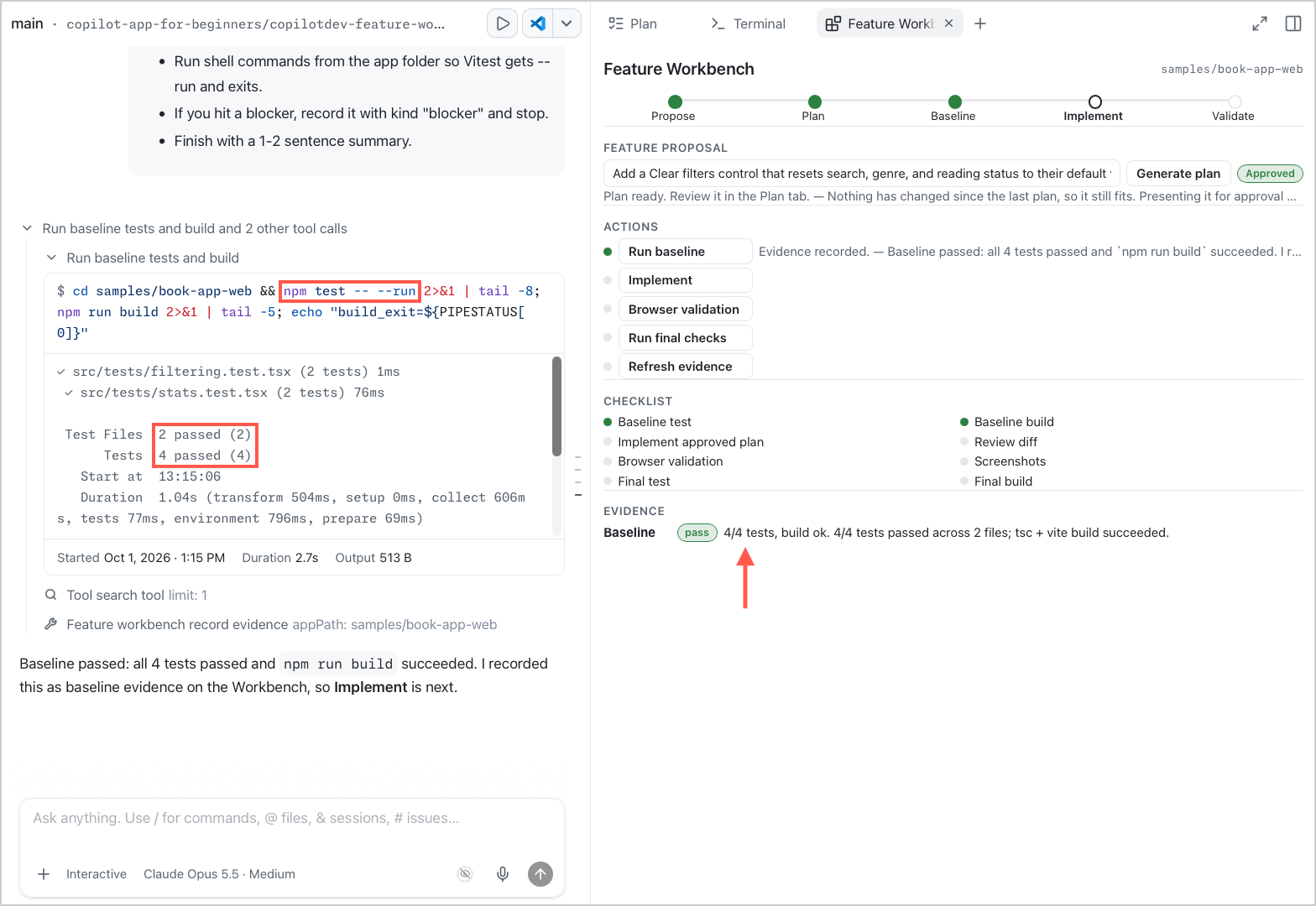 Expanded npm test output with 4 passed tests, next to the Feature Workbench Baseline evidence of 4/4 tests and a passing build